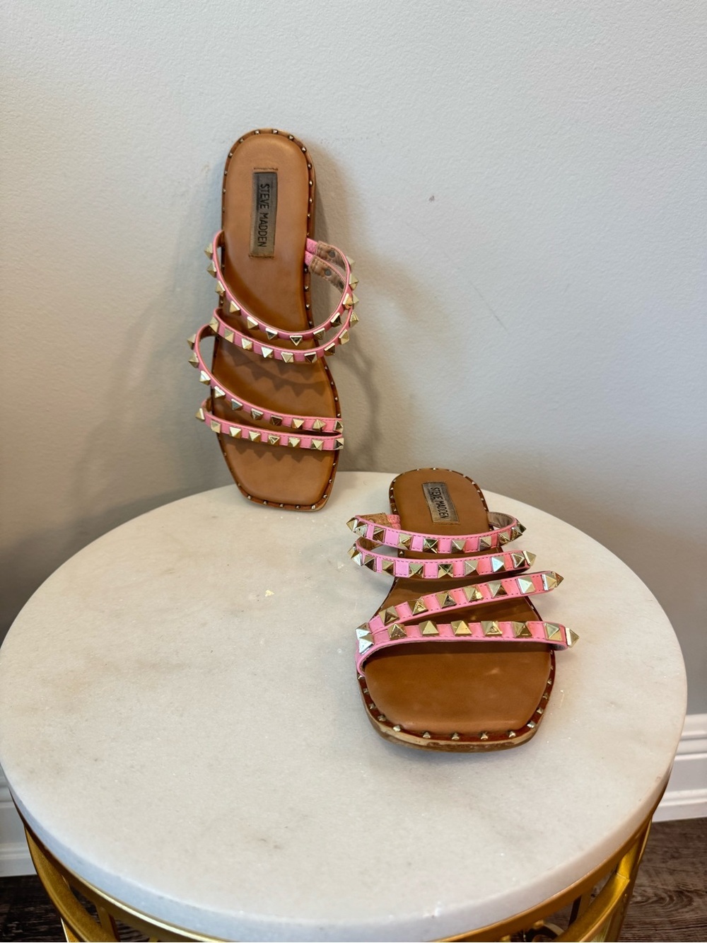 Steve Madden Pink Triple-Strap Studded Slide Sandals Sz 8